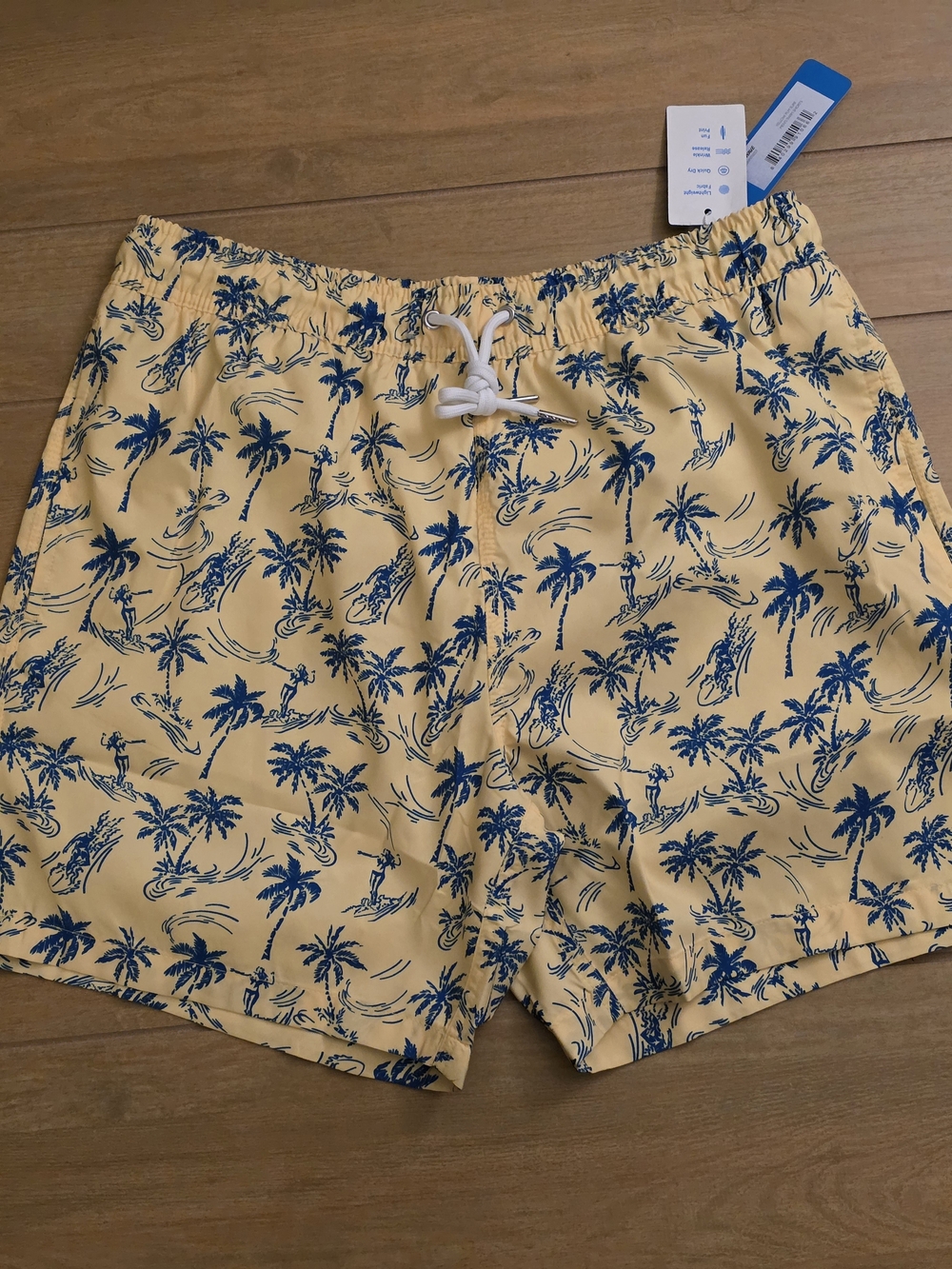 Men's Yellow Palm-Print Swim Trunks with Blue Print